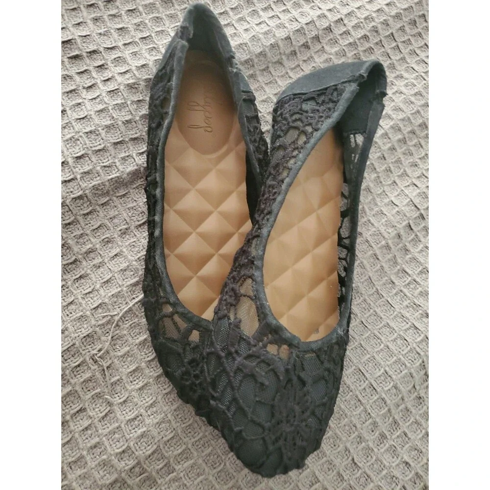 Jellypop Flats Size 7 Black Lace Ballet Satin Bow LAURIE Flexible Shoes